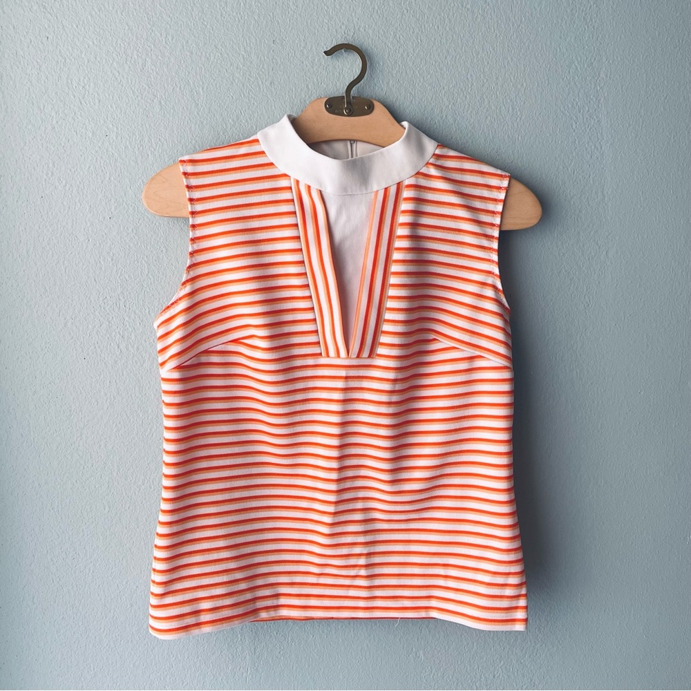 Lester Paul | Vintage 70s | Neon Orange Striped Tank Blouse Mock Neck